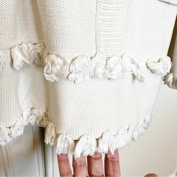 Tory Burch Women’s Baja Mixed Knit Hoodie Cream Tassel V Neck Pullover Sweater S - Picture 9 of 14